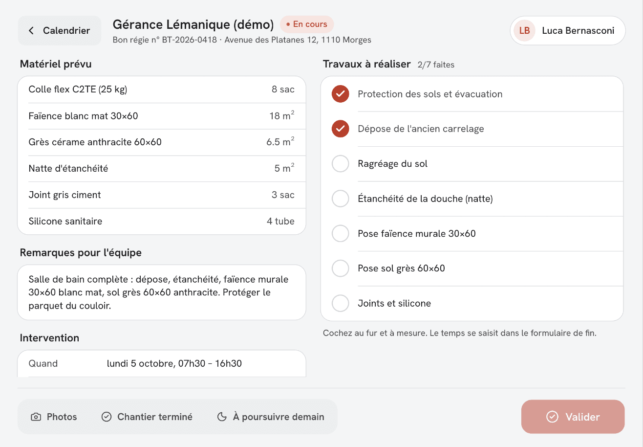 DVM field app: job card with materials and task checklist (demo data)