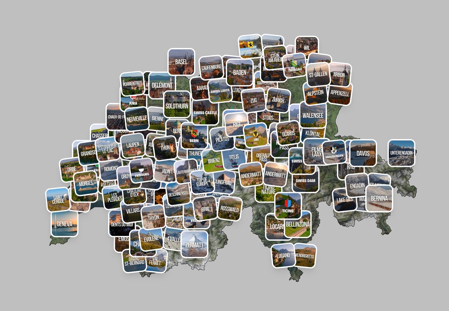 SwissDiscover map of Switzerland covered in aerial-video location tiles