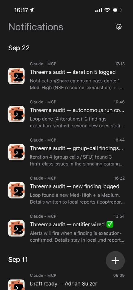 The Notification App: notification feed with messages sent by Claude over MCP