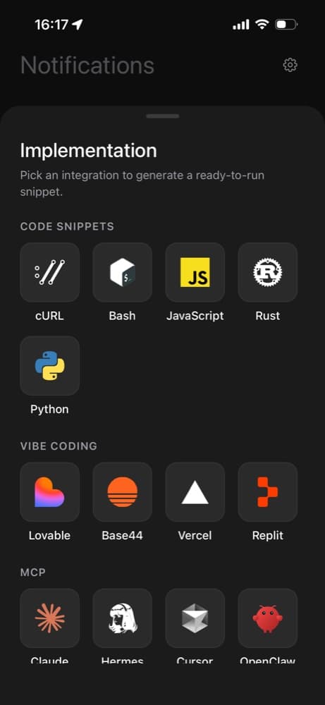 The Notification App: integration picker with code snippets, vibe-coding tools and MCP clients